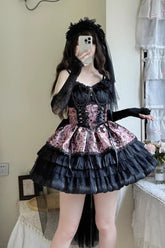 Black/Pink Ancient Dream of the Dark Night Print Ruffle Gothic Lolita Jsk Dress